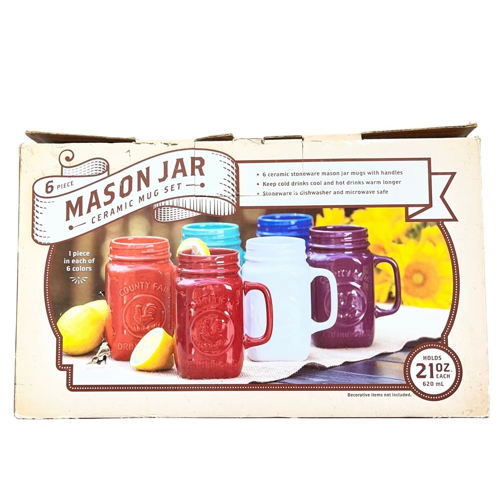 NWT Mason Jar Ceramic Mug Set 21oz County Fair Rooster Stoneware Multicolor